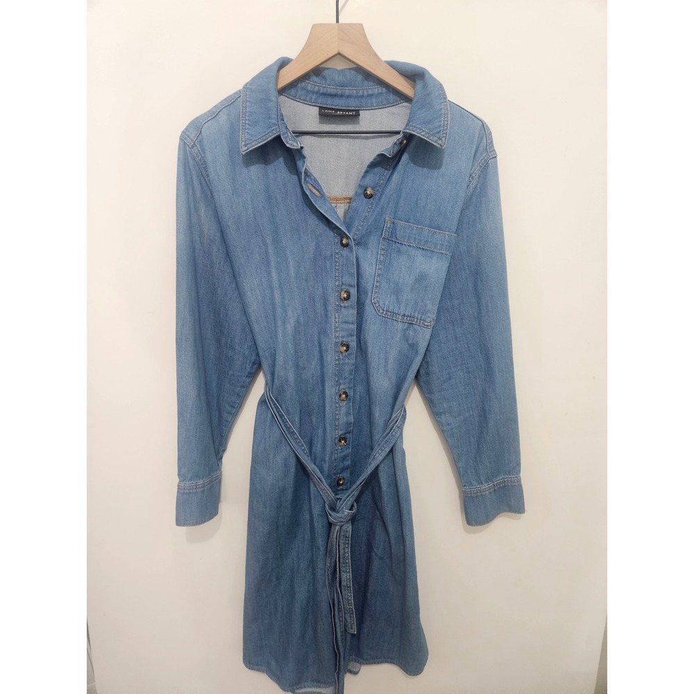 Lane Bryant Denim Shirt Dress Medium Wash Cotton Belted 14/16 Long Sleeve